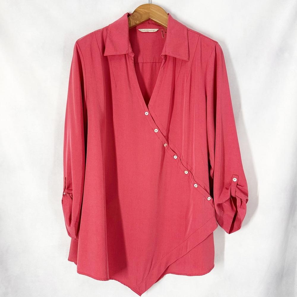 Soft Surroundings 100% Tencel 3/4 Sleeve Pink Wrap Tunic Blouse Women's Size 2X